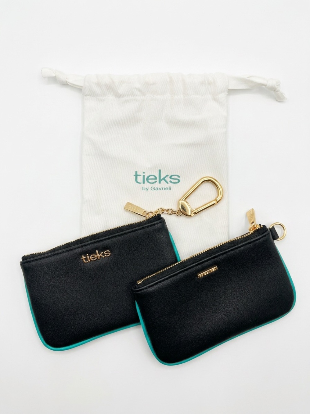 Tieks LE Black Leather Card Pouch Key Bag Charm with Teal Trim